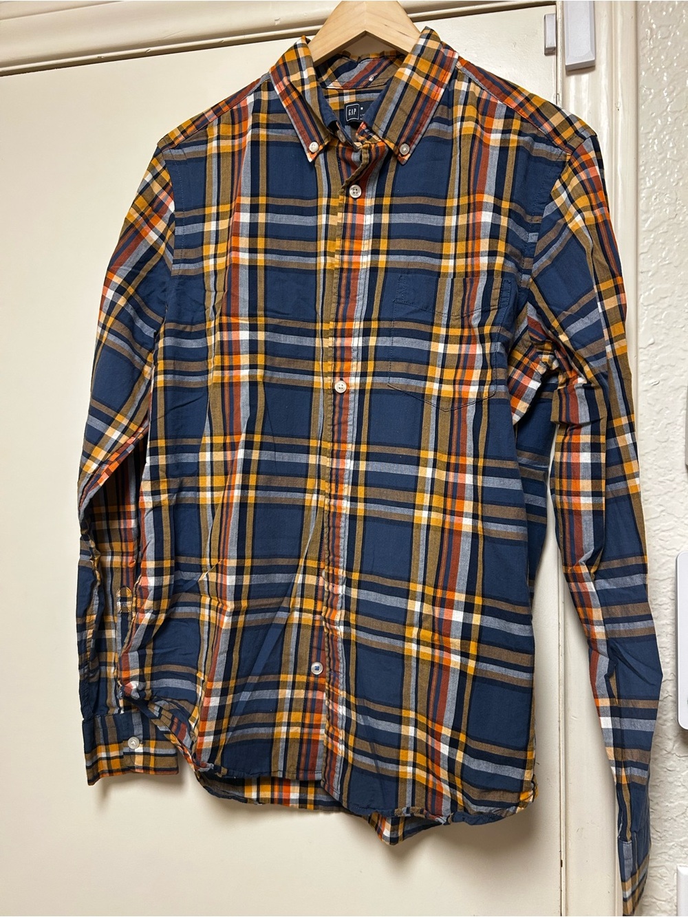 GAP Men's Plaid Button-Down Shirt - Navy, Mustard & Brown